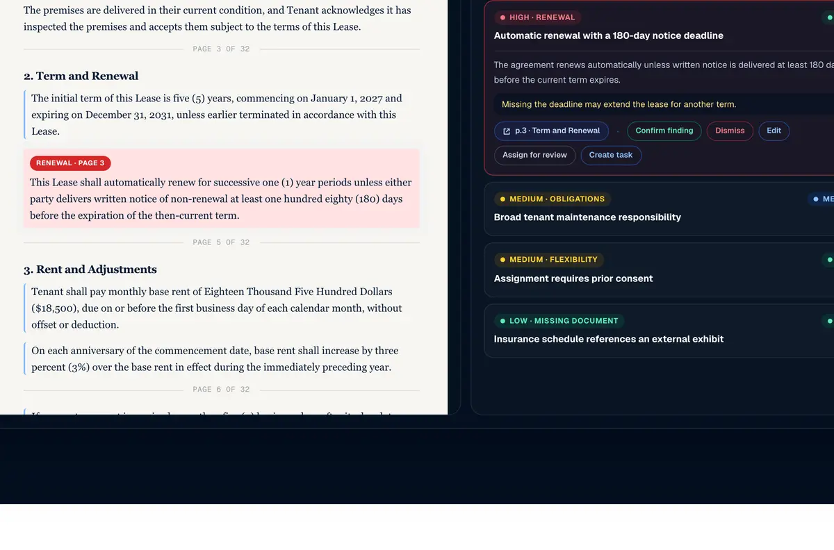 Document intelligence workspace with a highlighted clause and risks.